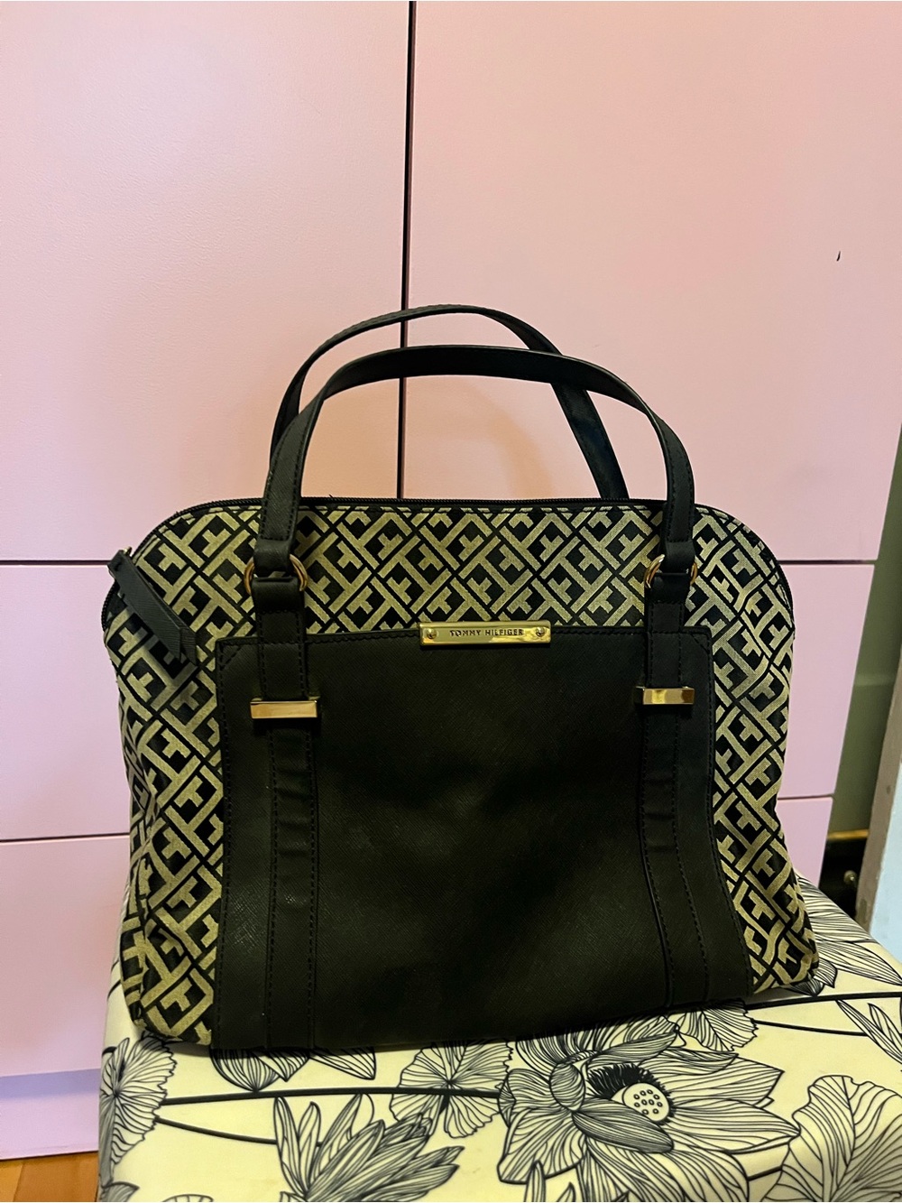 Tommy Hilfiger Black and Cream Logo Tote